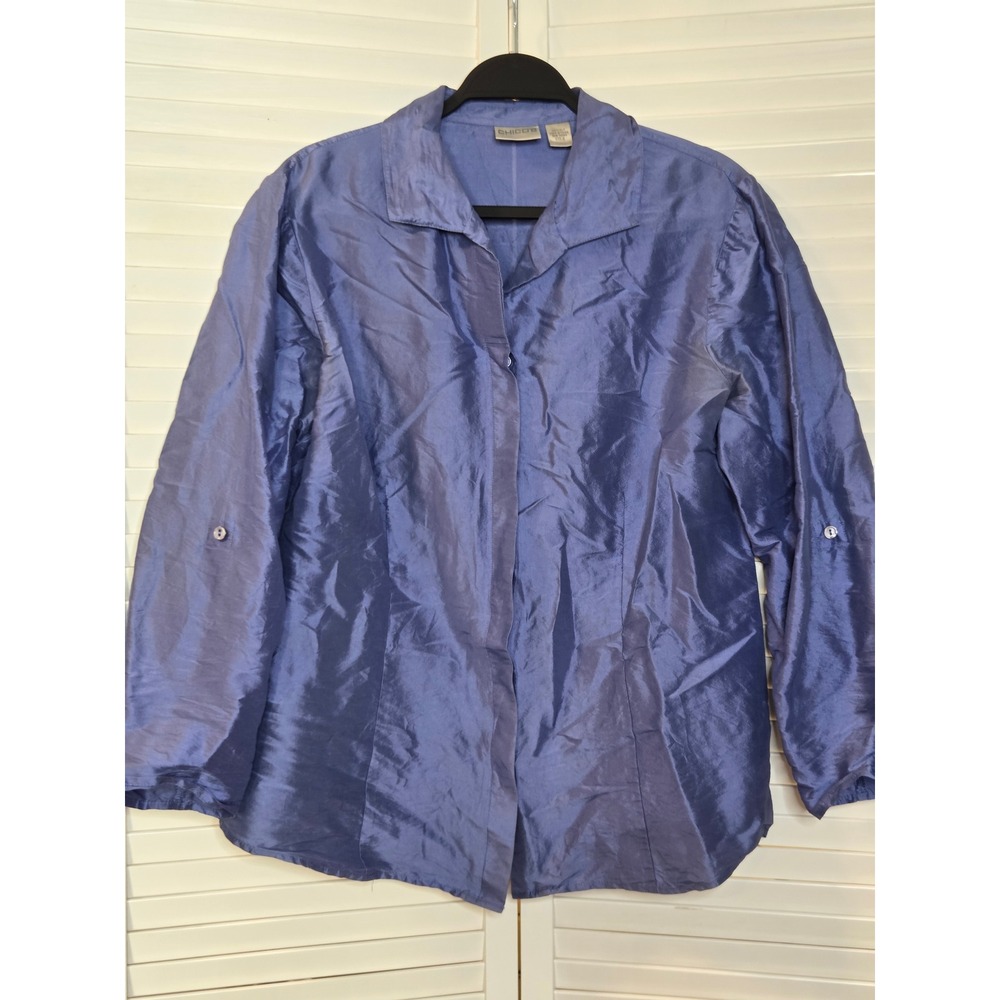 Chico's 100% Silk Button Down Shirt Size 2 Blue Roll Tab Sleeve Blouse